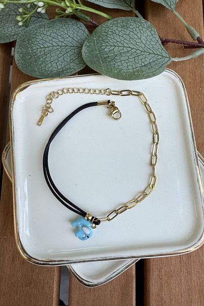 My Joyas Design Steel Black Drawstring Blue Elephant Anklet 21+5cm