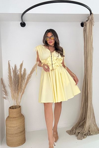 Sohotique By P Embroidered Flower Appliqued Short Dress Yellow