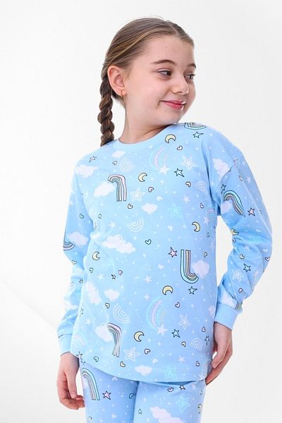 Pajama Shop Girls' 100% Cotton Fabric Rainbow Star Heart Pattern Blue Long Sleeve Winter Pajamas Set