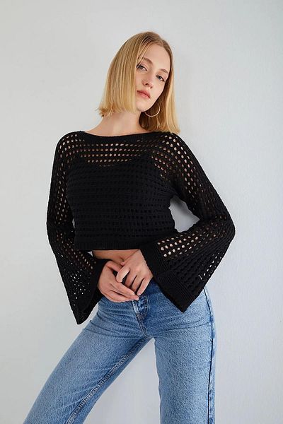 Mixray 6853 Pulover de damă cu mânecă spaniolă ajurata, negru