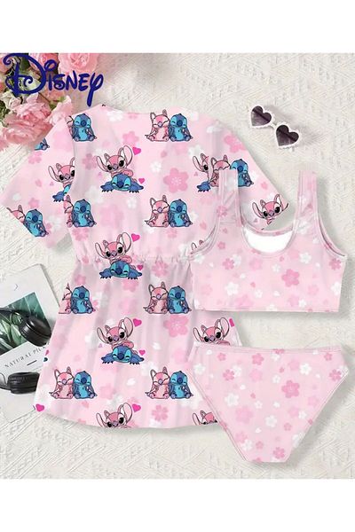 3b kids Female Child Stitch Three Piece Swimsuit Bikini Suit Pareo Summer Vacation Beach