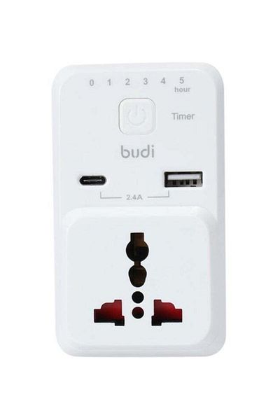 Budi Dual USB Port Adapter With Timer Function White