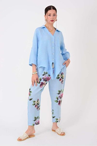 Park Moda 7232 Floral Pattern Belted Linen Trousers
