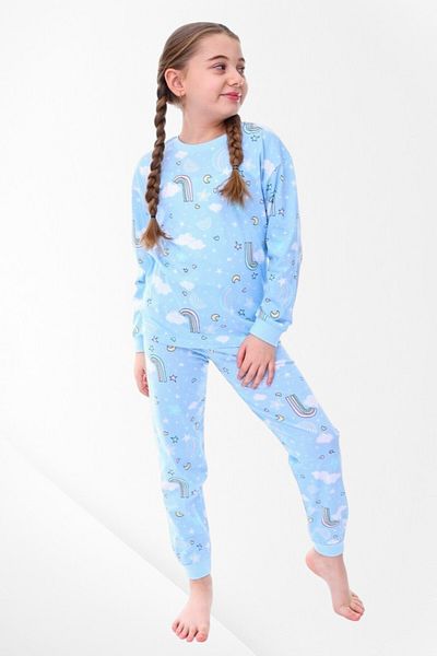 Pajama Shop Girls' 100% Cotton Fabric Rainbow Star Heart Pattern Blue Long Sleeve Winter Pajamas Set
