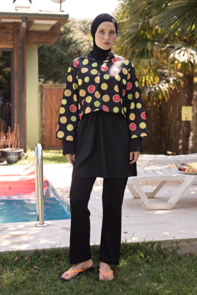 Bipantolon Women's Hijab Fresh Slice Fruit Printed Full Covered 3 Piece Swimsuit Set