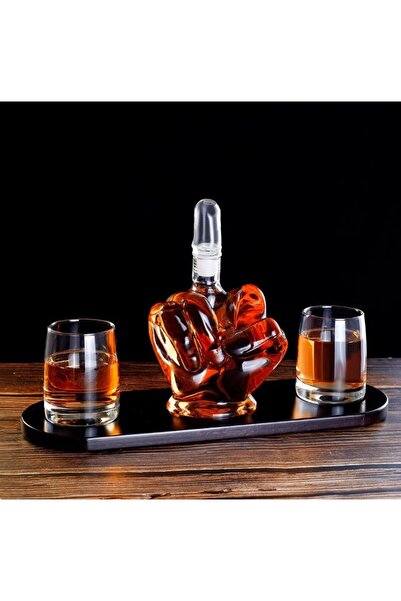 divendi-ro Set glass decanter 750ml in hand shape + 2 glasses and wooden holder, transparent dark brown