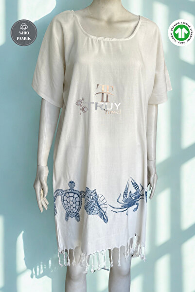 TruyTowel %100 PAMUK PLAJ ELBİSESİ KAPLUMBAĞA DESEN İVORY