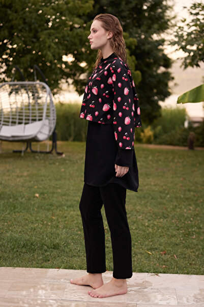 Bipantolon Women's Hijab Pink Fresh Fruit Printed Full Covered 3 Piece Swimsuit Set