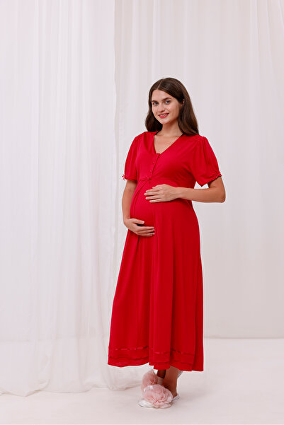 Yulem Homewear Cherry Lace Detailed Long Dressing Gown Maternity Nightgown-Dressing Gown Set of 2