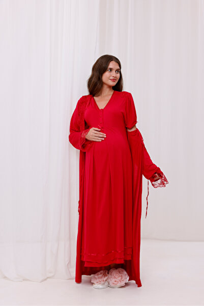 Yulem Homewear Cherry Lace Detailed Long Dressing Gown Maternity Nightgown-Dressing Gown Set of 2