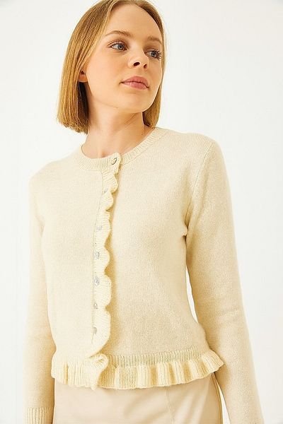 DEMİRBEY TEKSTİL Women's Ecru Buttoned Ruffled Knitwear Cardigan
