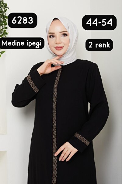 SAMARA Büyük Beden Taşlı Nakışlı Ferace Siyah MEDİNE İPEK