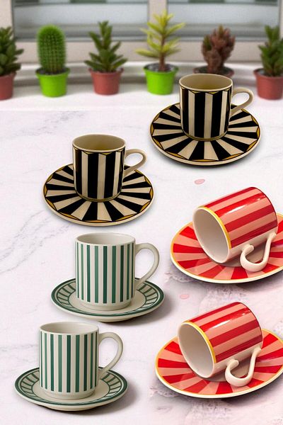 GÜLZE 6 Persons (12 Pieces) Harmony Model Special Design Luxury Coffee Cup Set (Pure Porcelain)