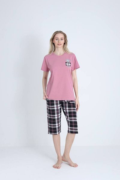 dealp Women's Patterned 100% Cotton Short Sleeve Pocket Summer Bermuda Capri Pajamas Set