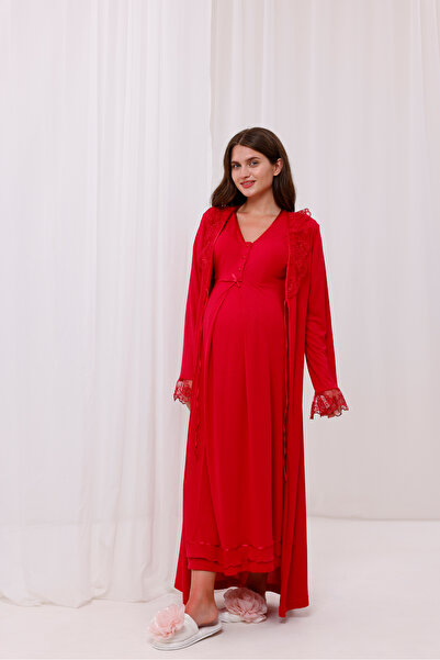 Yulem Homewear Cherry Lace Detailed Long Dressing Gown Maternity Nightgown-Dressing Gown Set of 2