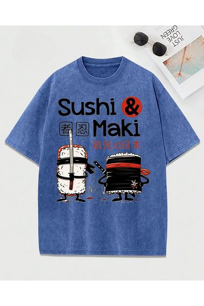 Touz Moda Sushi Maki εμπριμέ πλενόμενο Vintage Unisex Oversize T-shirt