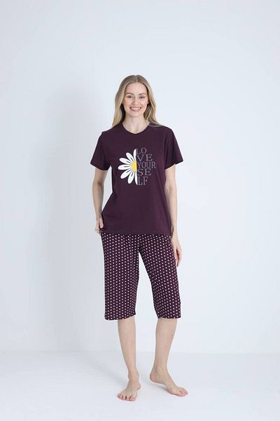 dealp Women's Patterned 100% Cotton Short Sleeve Pocket Summer Bermuda Capri Pajamas Set