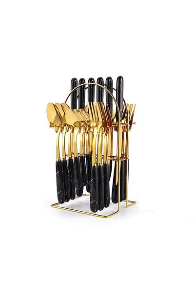 Trendy's 24-piece stainless steel cutlery set, with stand, TRENDY'S, black gold