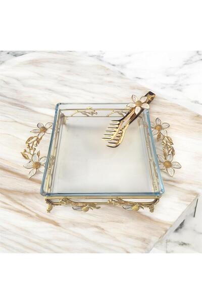 partridge store Metal Daisy Footed Square Presentation Plate with Tongs 28 cm