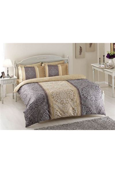Taç Luxury satin double bed linen, TAC, Damas purple/beige