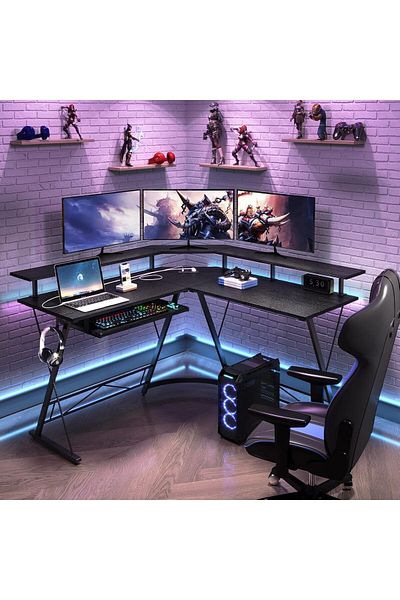 COOYA L Shaped Gaming Desk, With Removable Monitor Shelf, Leveling Studs, Sturdy, 129x71x29cm, Black