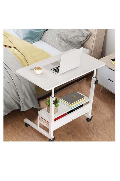 COOYA Office Laptop Desk with Smooth and Lockable Wheels, Storage Shelf, table for Multi-Purpose White