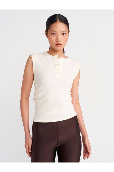 Dilvin 21098 Buttoned Sleeveless Top-Ecru