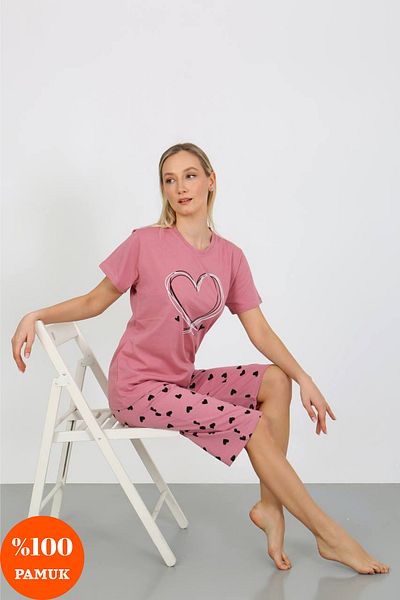 dealp Women's Patterned 100% Cotton Short Sleeve Pocket Summer Bermuda Capri Pajamas Set