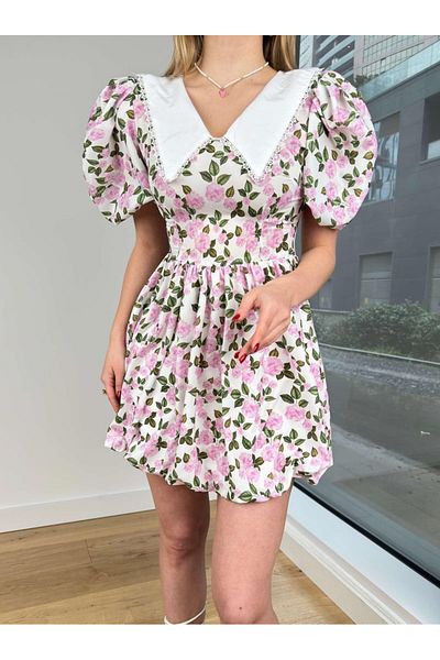 My Blog Pink Floral Patterned Balloon Sleeve Dress - 2156