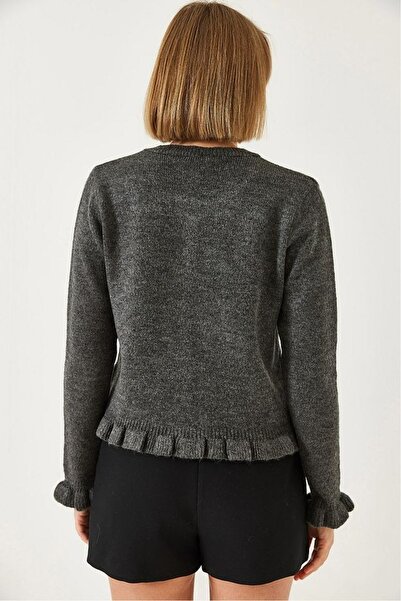 DEMİRBEY TEKSTİL Women's Anthracite Buttoned Ruffle Knitwear Cardigan