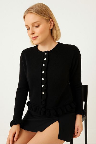 DEMİRBEY TEKSTİL Women's Black Buttoned Ruffled Knitwear Cardigan