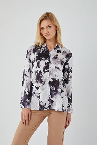 Mixray 4499 Γυναικείο σατέν πουκάμισο με floral σχέδιο μαύρο