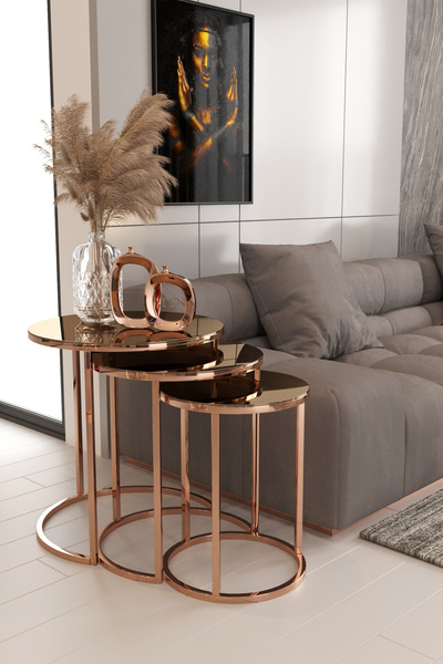 ysnn aksesuar VİSTA 3'LÜ BAKIR RENK BRONZ AYNA ZİGON SEHPA ( Demonte dır Kuru...