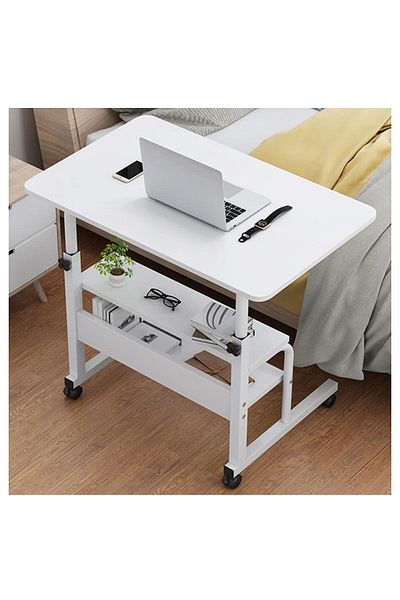 COOYA Office Laptop Desk with Smooth and Lockable Wheels, Storage Shelf, table for Multi-Purpose White