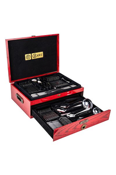 Trendy's Cutlery Set, RAWI, 84 Pieces, Stainless Steel with Gold Accents, Elegant Red Wood Box