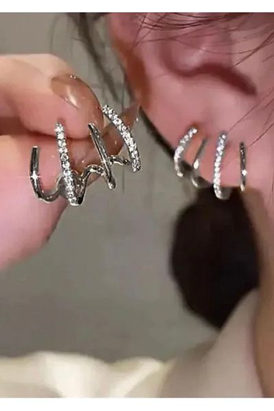 Özce Steel Silver Multi-Line Earrings