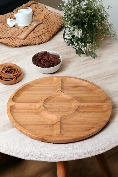 intoku Bamboo Rotating Snack Bowl 5 Compartments Stand 360 Degree Rotating Breakfast Presentation Bowl