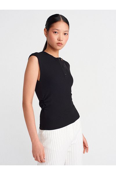 Dilvin 21098 Button Sleeveless Top-Black