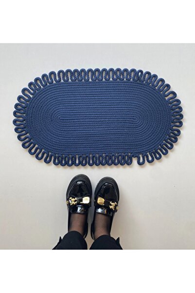 HHKARTS سجادة أرضية بيضاوية الشكل من الجوت ذات حواف منقوشة باللون الأزرق الداكن