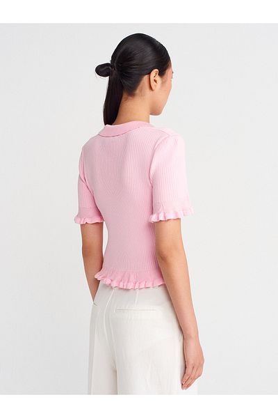 Dilvin 10780 Polo Neck Buttoned Ruffled Knitwear Blouse-Pink