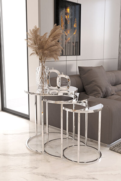 ysnn aksesuar VİSTA 3'LÜ GÜMÜŞ ( NİKEL) GÜMÜŞ (DÜZ) AYNA ZİGON SEHPA