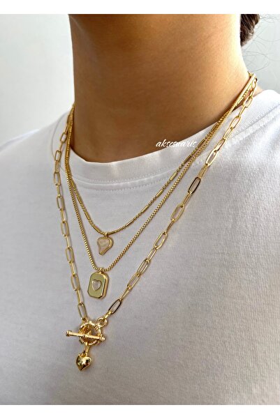 aksesuaris 3'lü Gold Kalp Ters Kilit Mineli Kolye Set