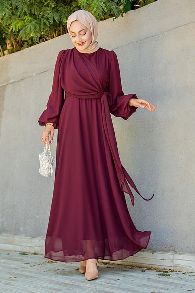 Tesettür Çarşım Delicate Matte Chiffon Hijab Evening Dress-Burgundy