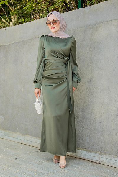 Tesettür Çarşım Nesy Double Breasted Robe Satin Evening Dress-Khaki