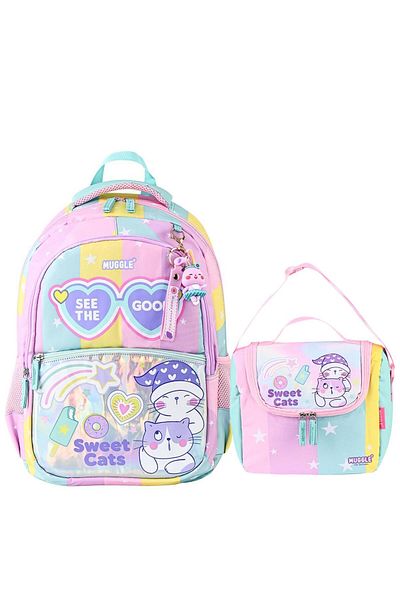MUGGLE 3 Compartment Good Be Kind School Bag + Lunch Box Pink-Green Set of 2