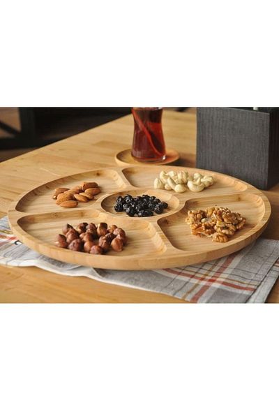 intoku Bamboo Rotating Snack Bowl 5 Compartments Stand 360 Degree Rotating Breakfast Presentation Bowl