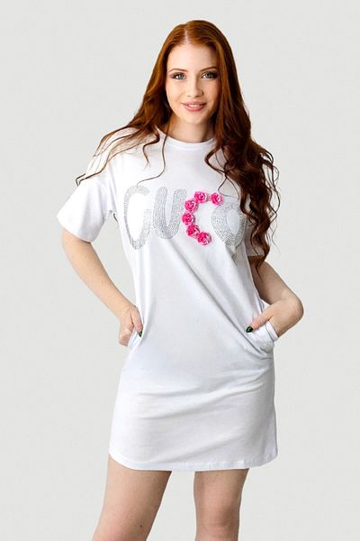 FashionForYou Rochie sport Karolyn, cu buzunare și strasuri, Roses White, mărimea S