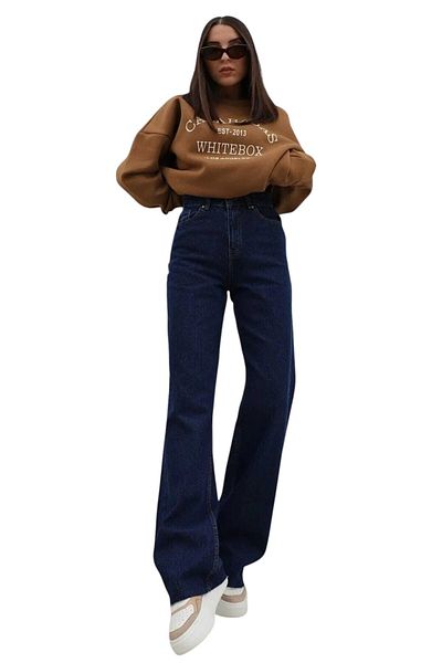 byhaziran butik Briseis Women's Dark Blue Extra High Waist Stretchy Waist Comfort Wide Leg Jeans
