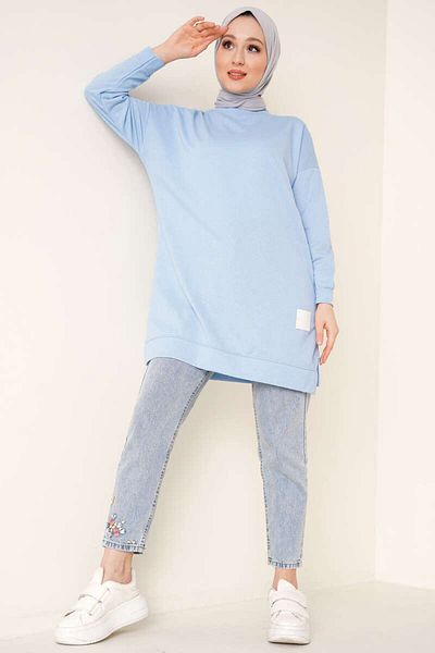 Smymoda Women's Seasonal Loose Crew Neck Embroidered Long Hijab Tunic Long Sports Model Seasonal Tunic