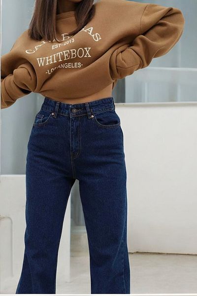 byhaziran butik Biusy Young Girl Dark Blue High Waist Elastane Blended Unlined Wide Leg Jeans